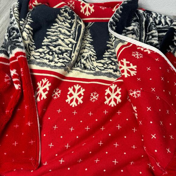Vintage 90s Fleece Bomber Jacket Winter Landscape Tree Snowflake Red XL - Picture 6 of 8